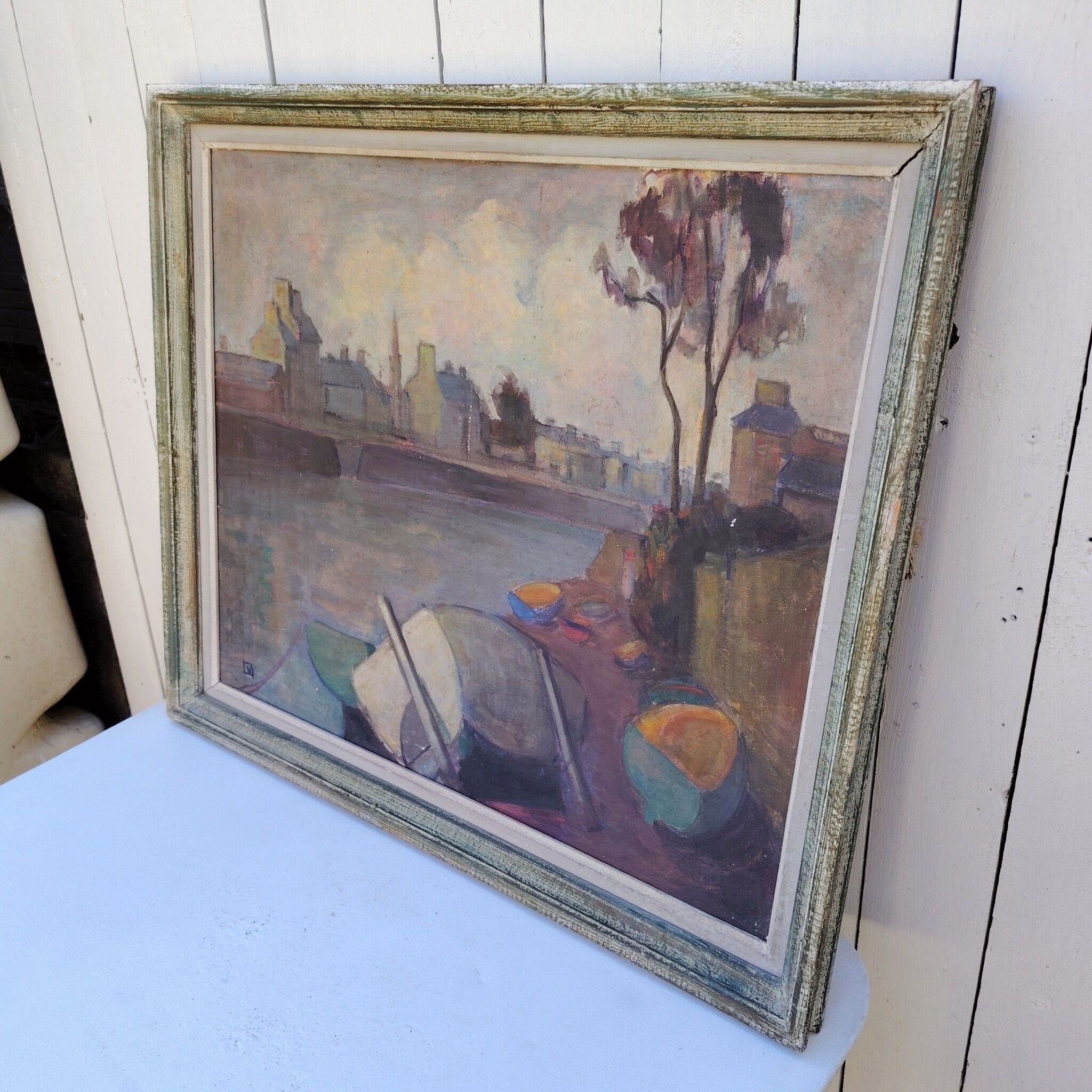 Tableau peinture gouache bord de rivière en Bretagne, vintage