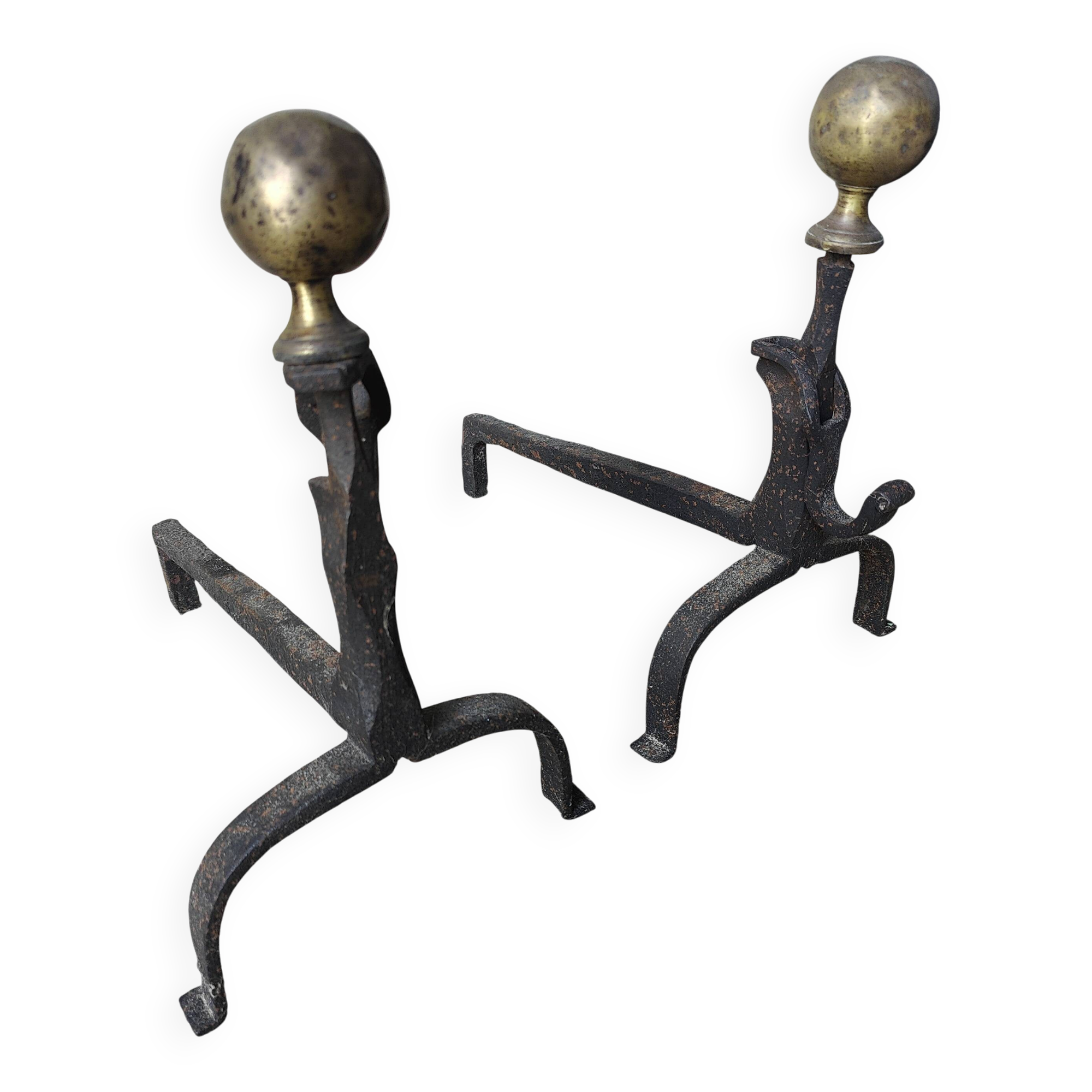 Pair of fire dogs - wrought iron and brass