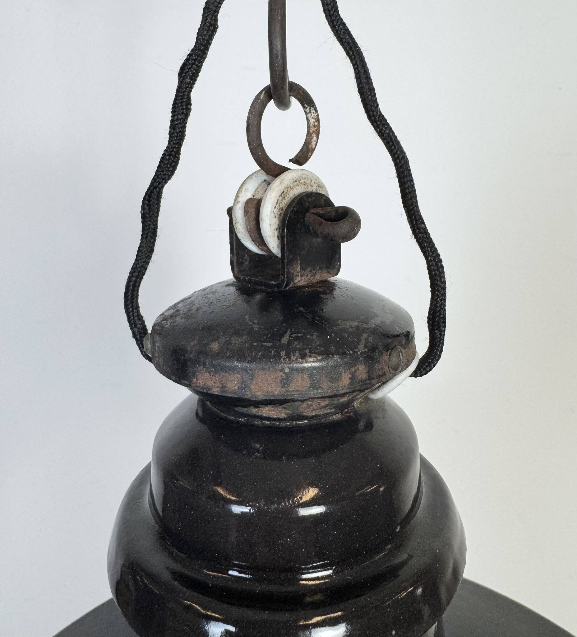 Industrial German Black Enamel Pendant Lamp with Glass Cover, 1930s