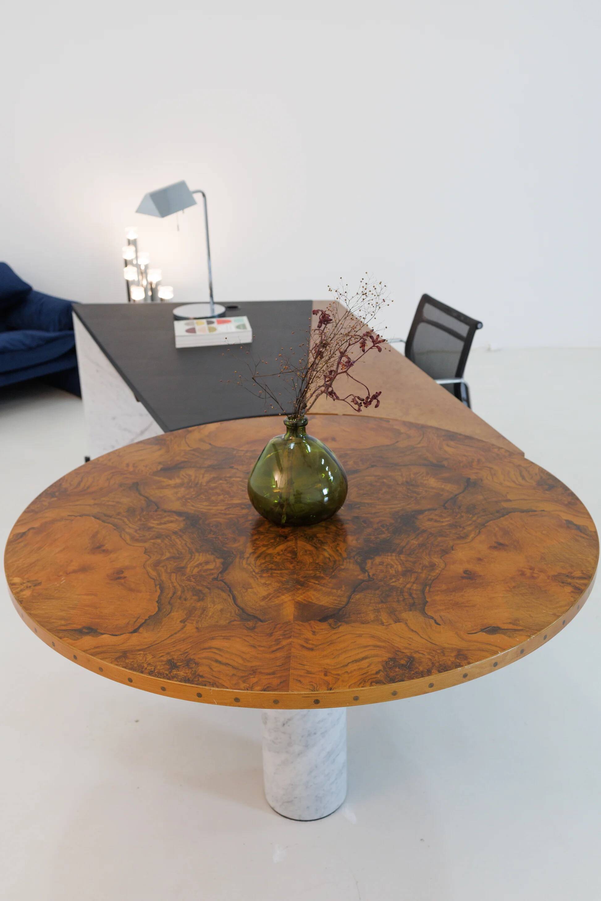 Unique desk Carrara marble & burl wood - Italy, 1980s