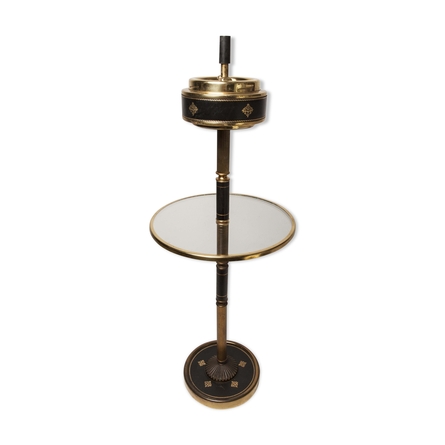 Ashtray on feet 60s gold, glass and leather