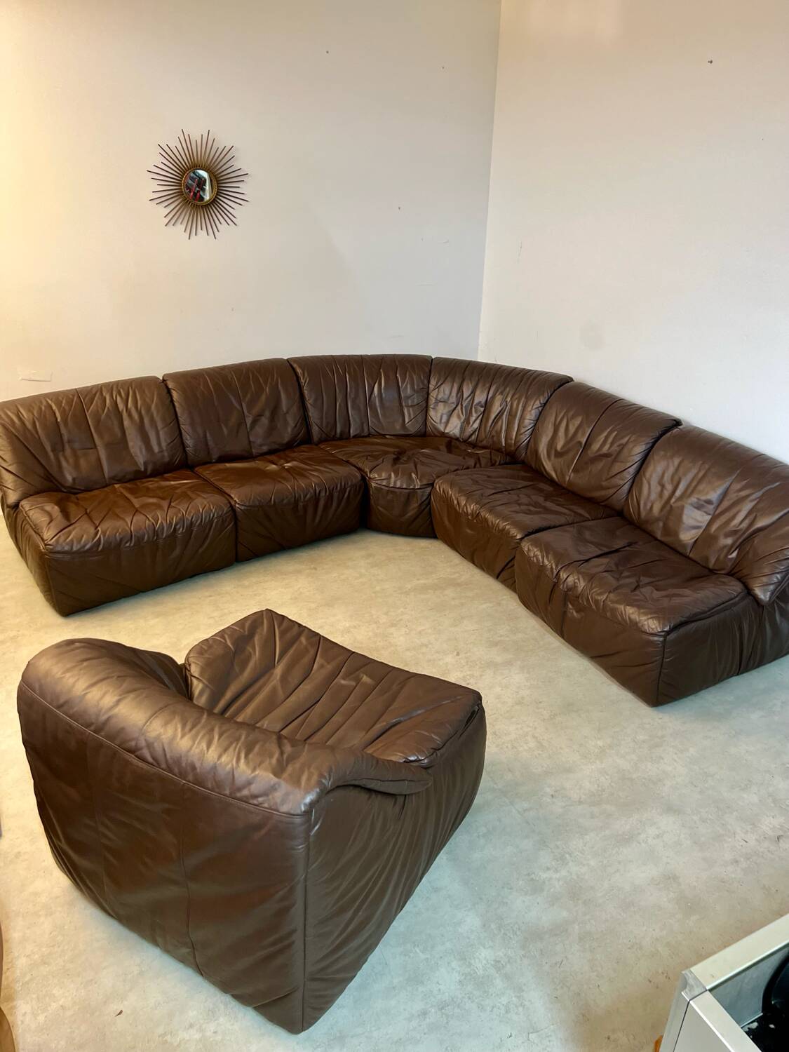 Large modular sofa with brown leather armchair 80s design dreipunkt vintage sofa