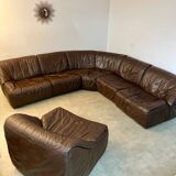 Large modular sofa with brown leather armchair 80s design dreipunkt vintage sofa