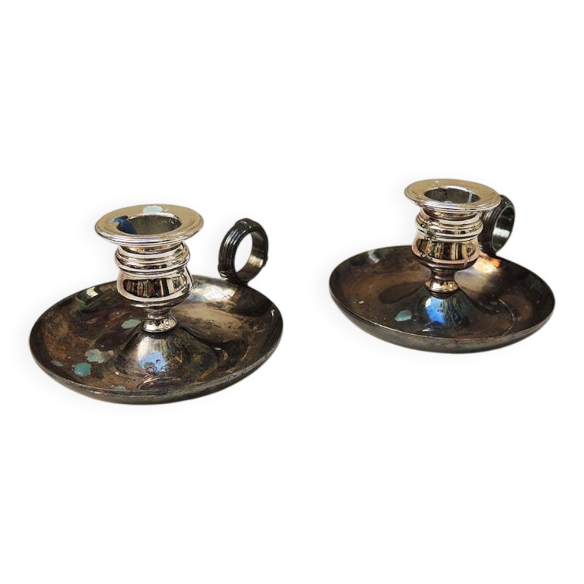 2 antique metal candlesticks with handles