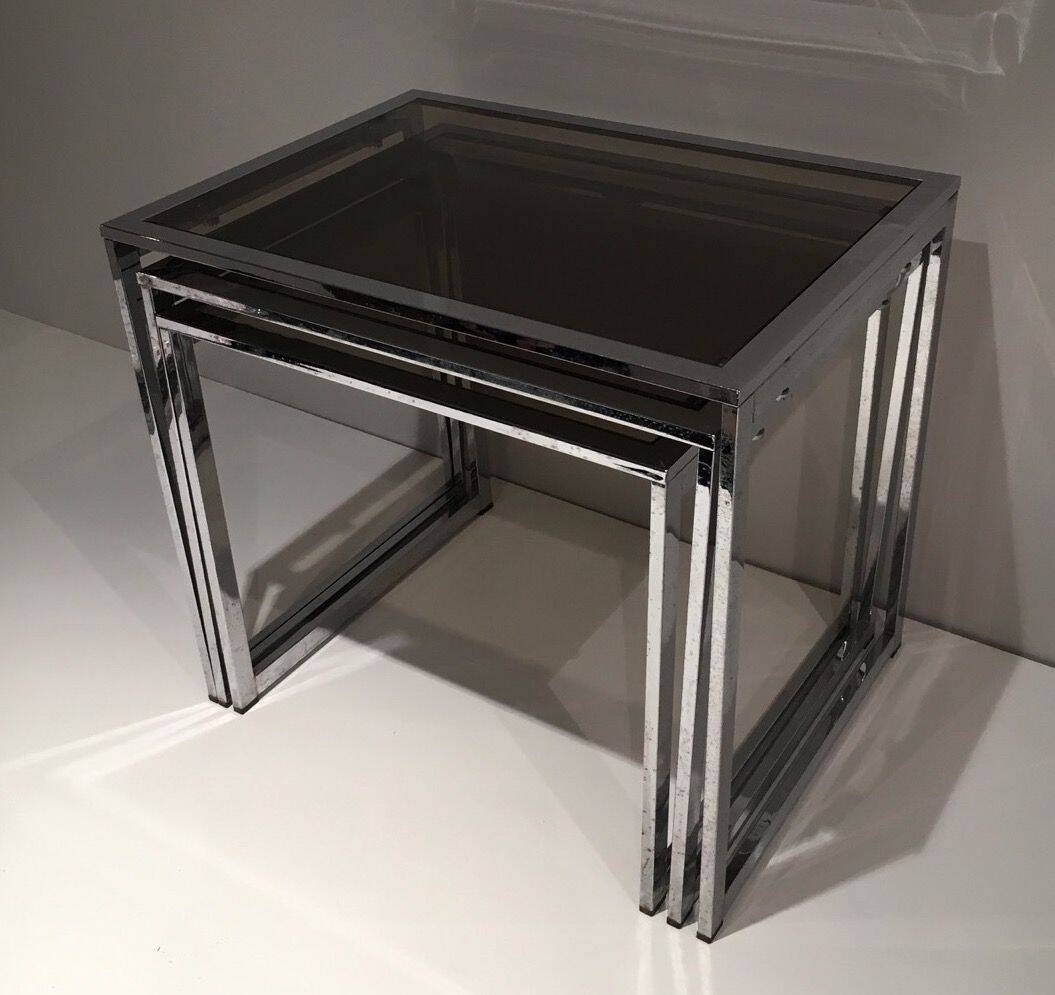 Set of 3 chrome nesting tables. Around 1970.