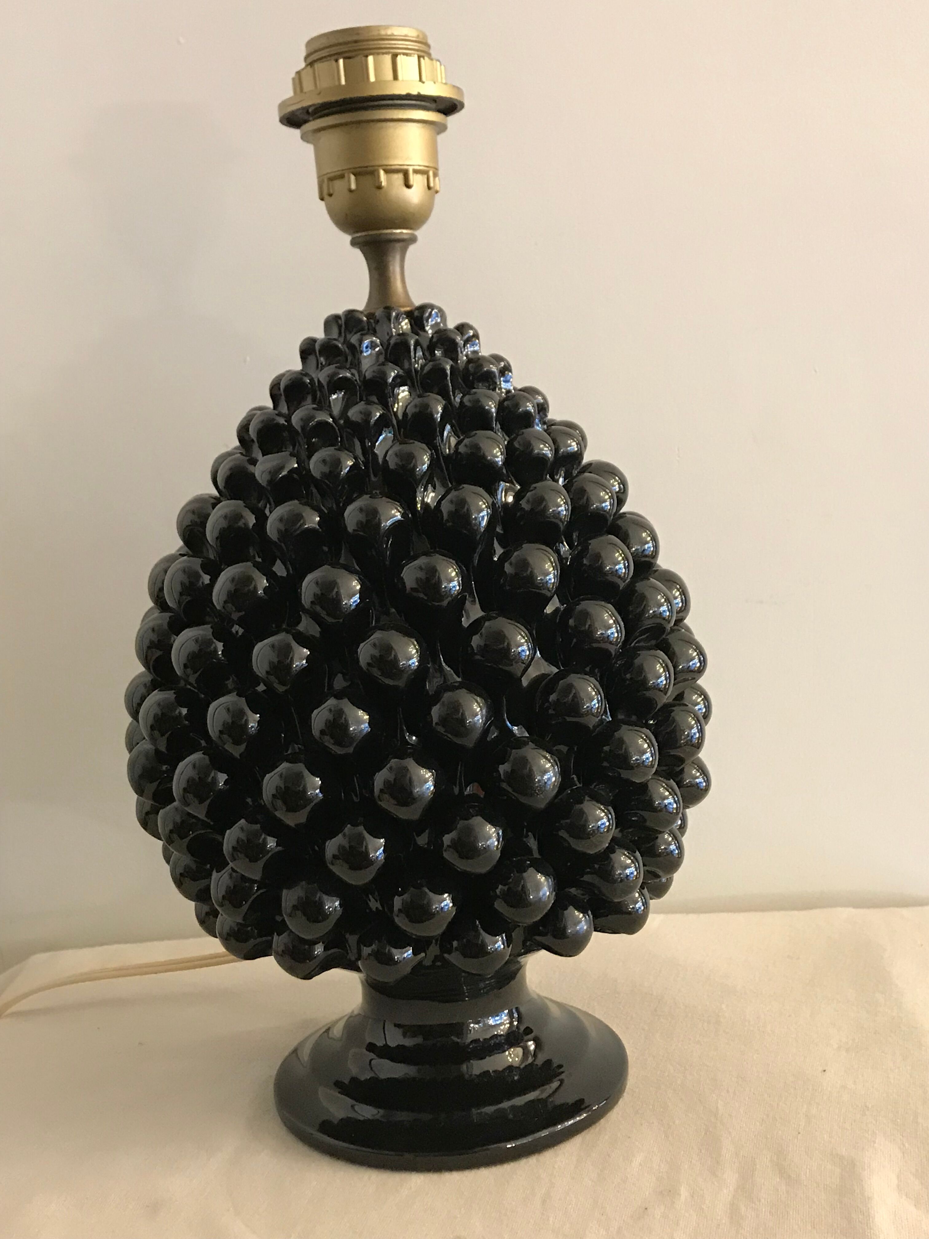 Black Italian ceramic pigna lamp 1970