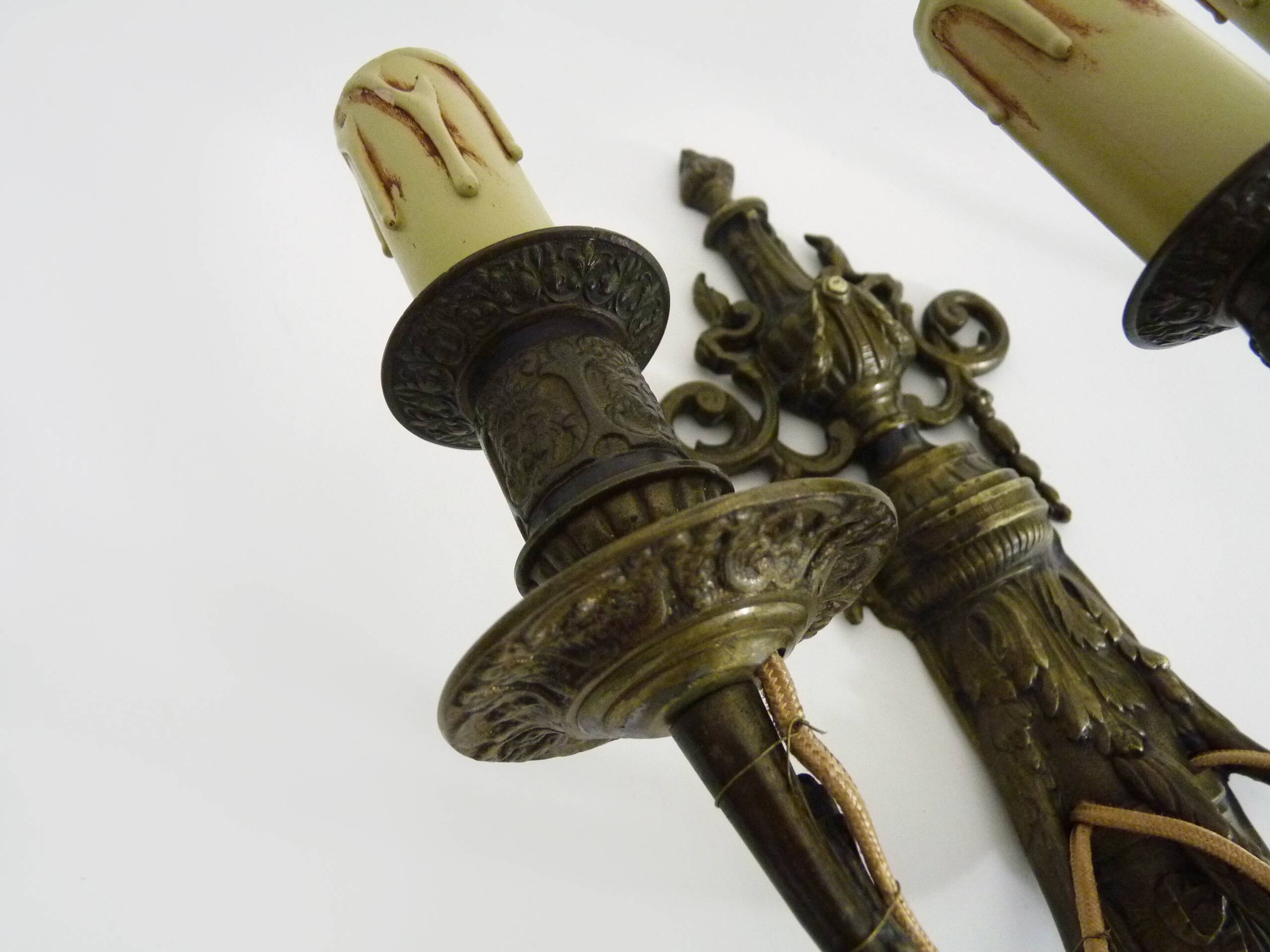 Magnificent Pair of Bronze Sconces with Louis XV Style Fire Pots. 1930s