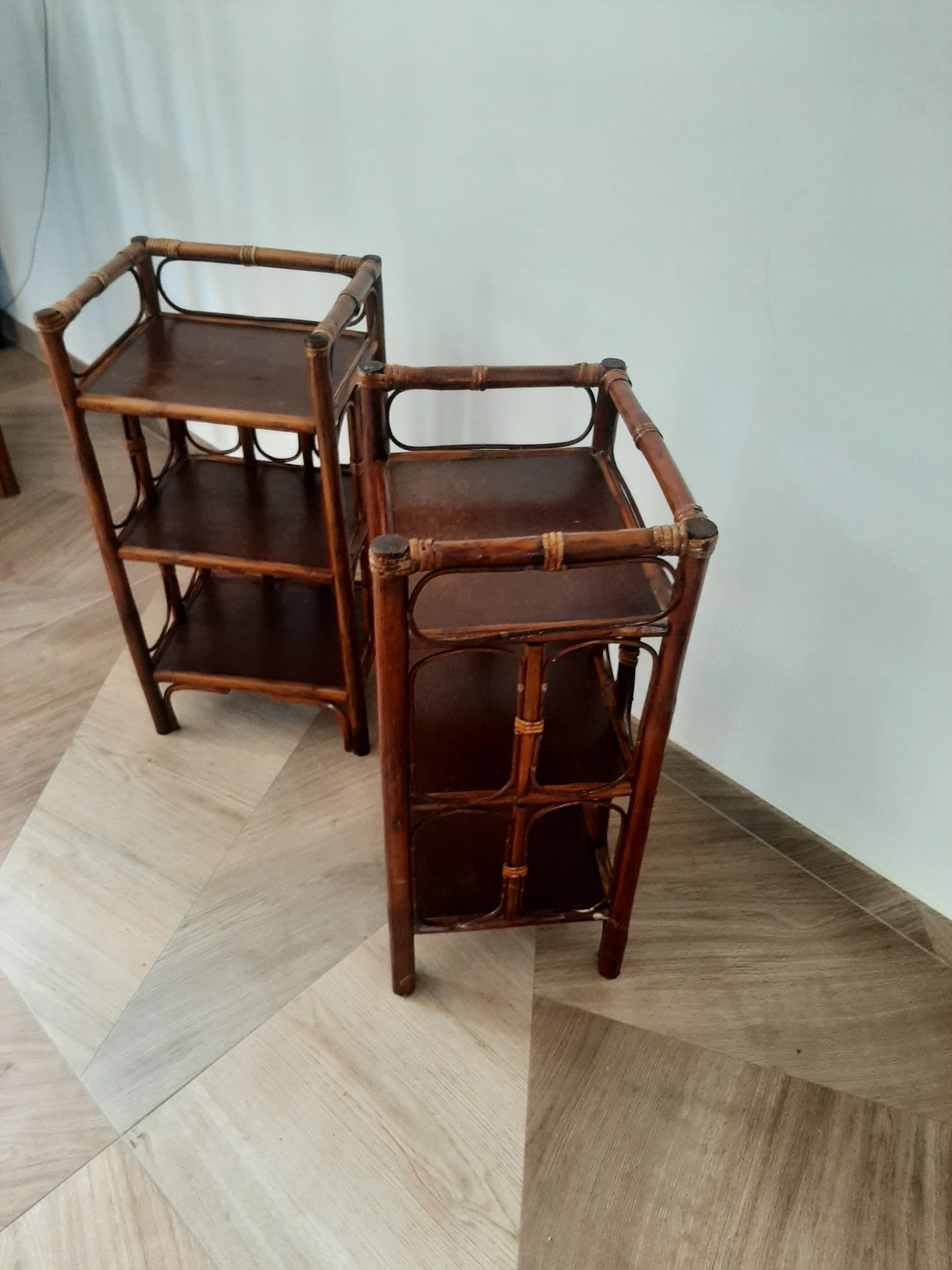 Vintage - set of 2 shelves of wooden floor, bamboo and rattan - 3 levels- retro 80s