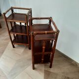 Vintage - set of 2 shelves of wooden floor, bamboo and rattan - 3 levels- retro 80s