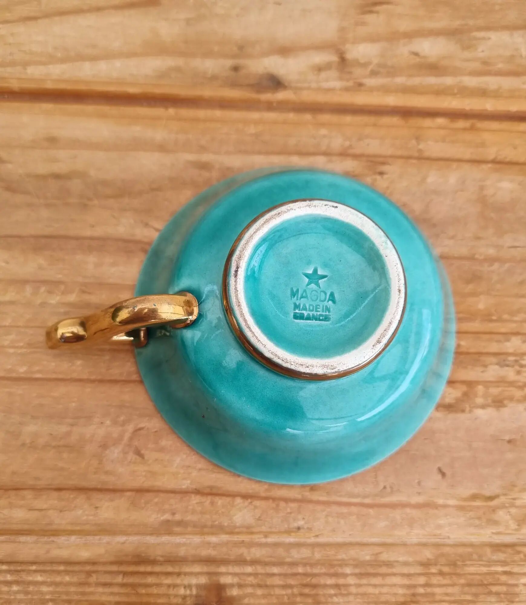 Vintage coffee cup duo Magda turquoise and gold Made in France