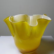 Fazzoletto vase in blown Italian glass, yellow opaline lined, Murano 1960-70.