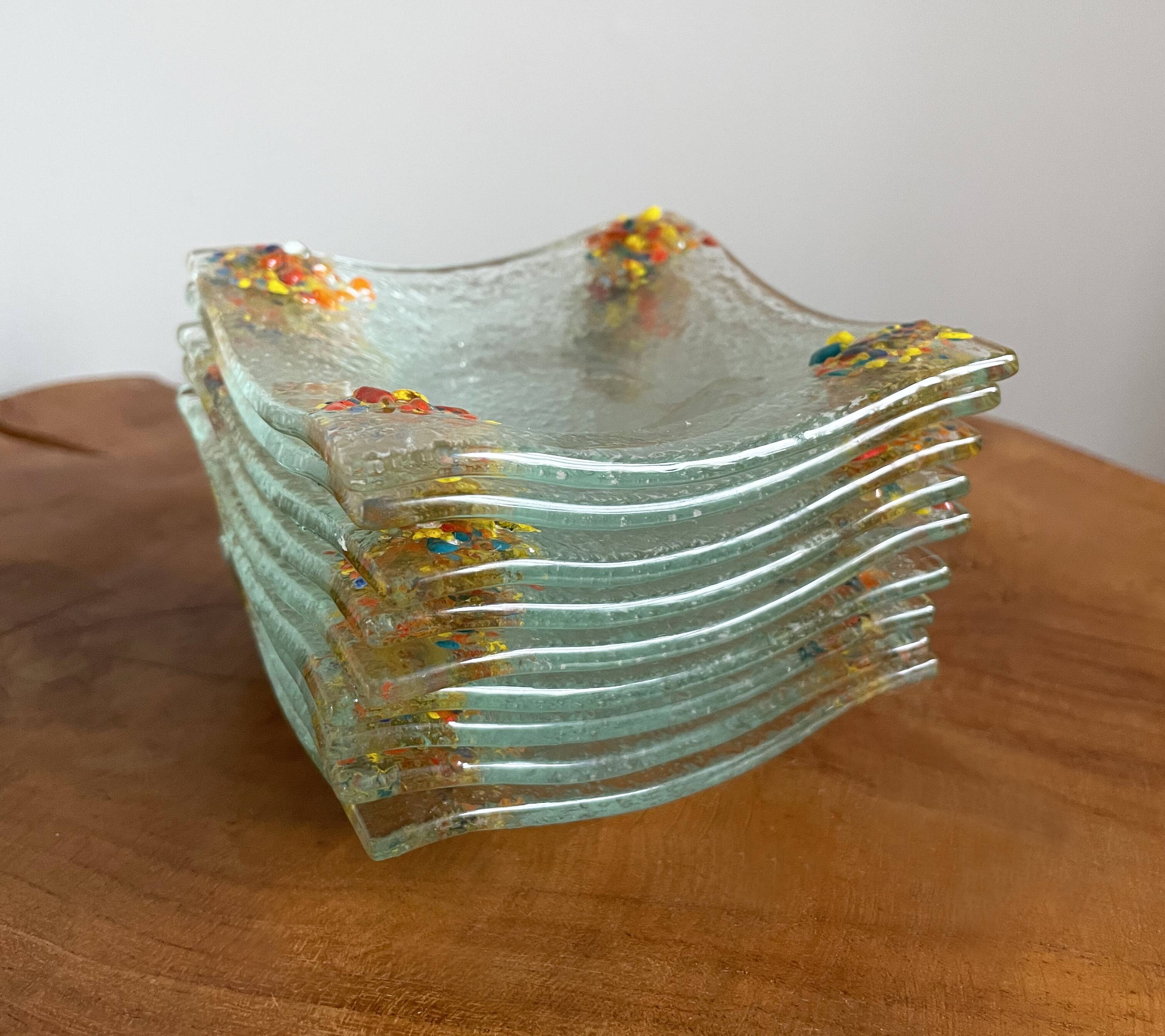 Art glass tea light holders or plates, fused glass with bright rainbow colours
