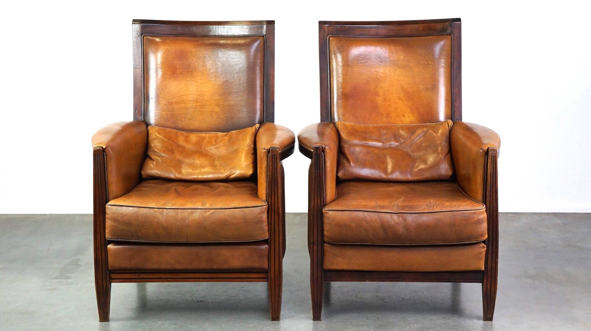 Vintage Art Deco Sheepskin High Back Armchair Set with Wood Finish