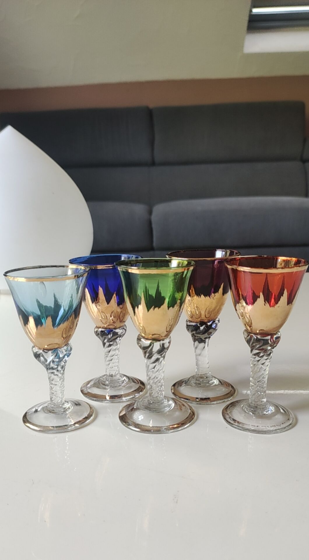 Lot 5 Glasses Digestif/Liqueur. Flamed decoration. Murano 1950