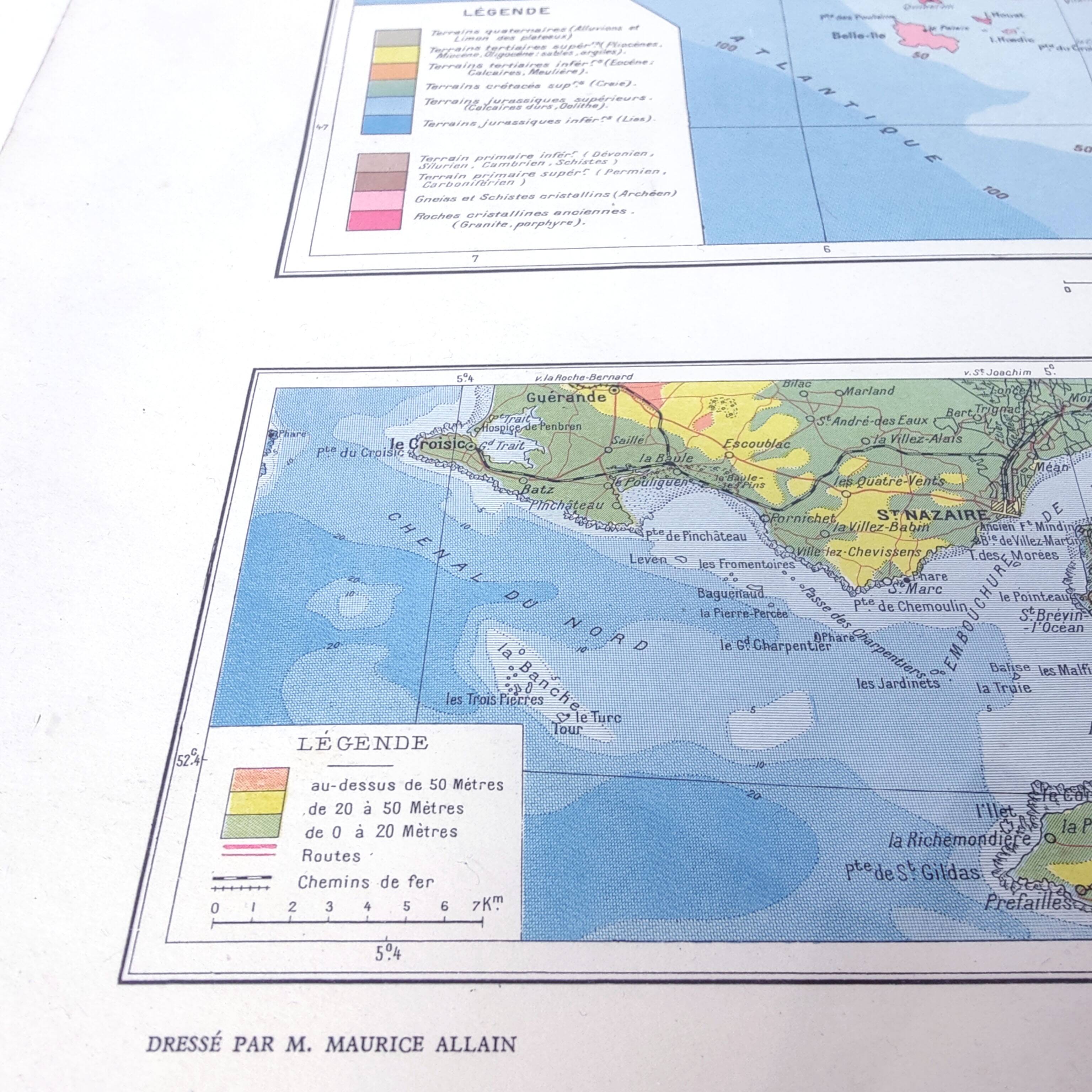 Brittany and Loire estuary map 43x43cm vintage from 1950