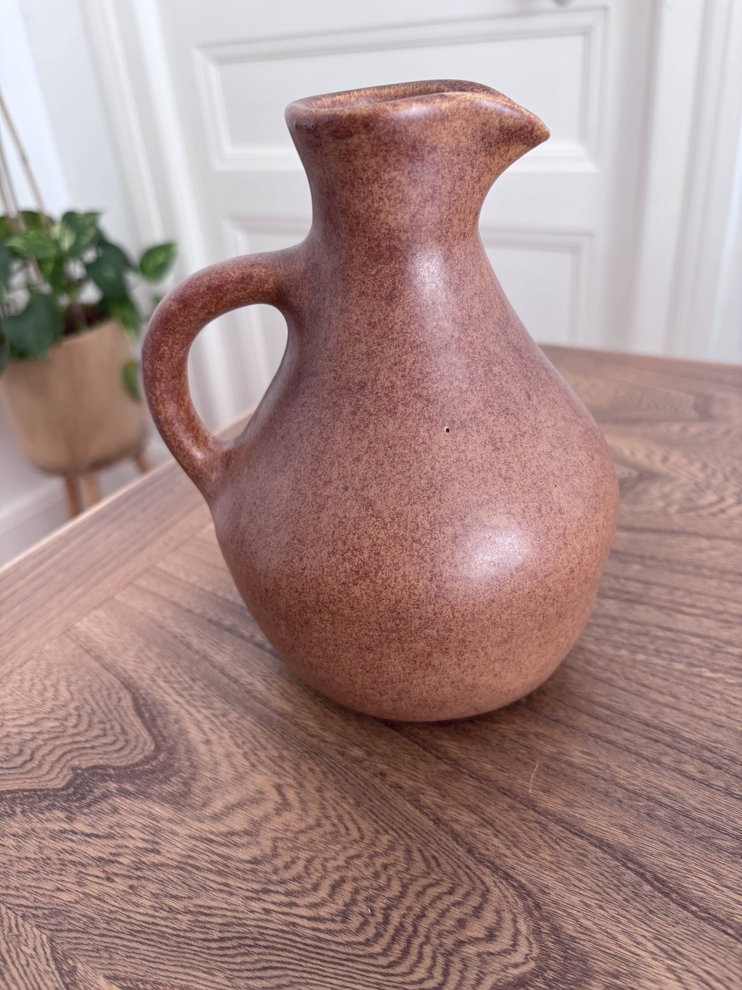 Vintage brown ceramic pitcher signed Max Idlas.