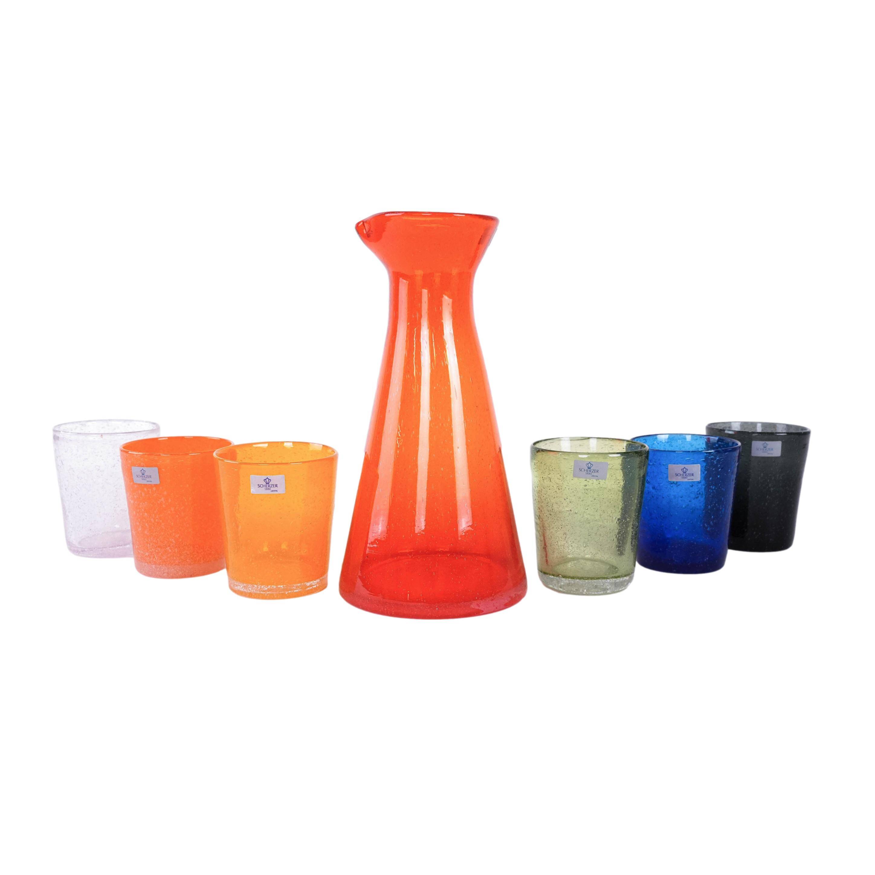 Colourful set of glasses and carafe, Scherzer Bavaria, 1980s, made in Germa