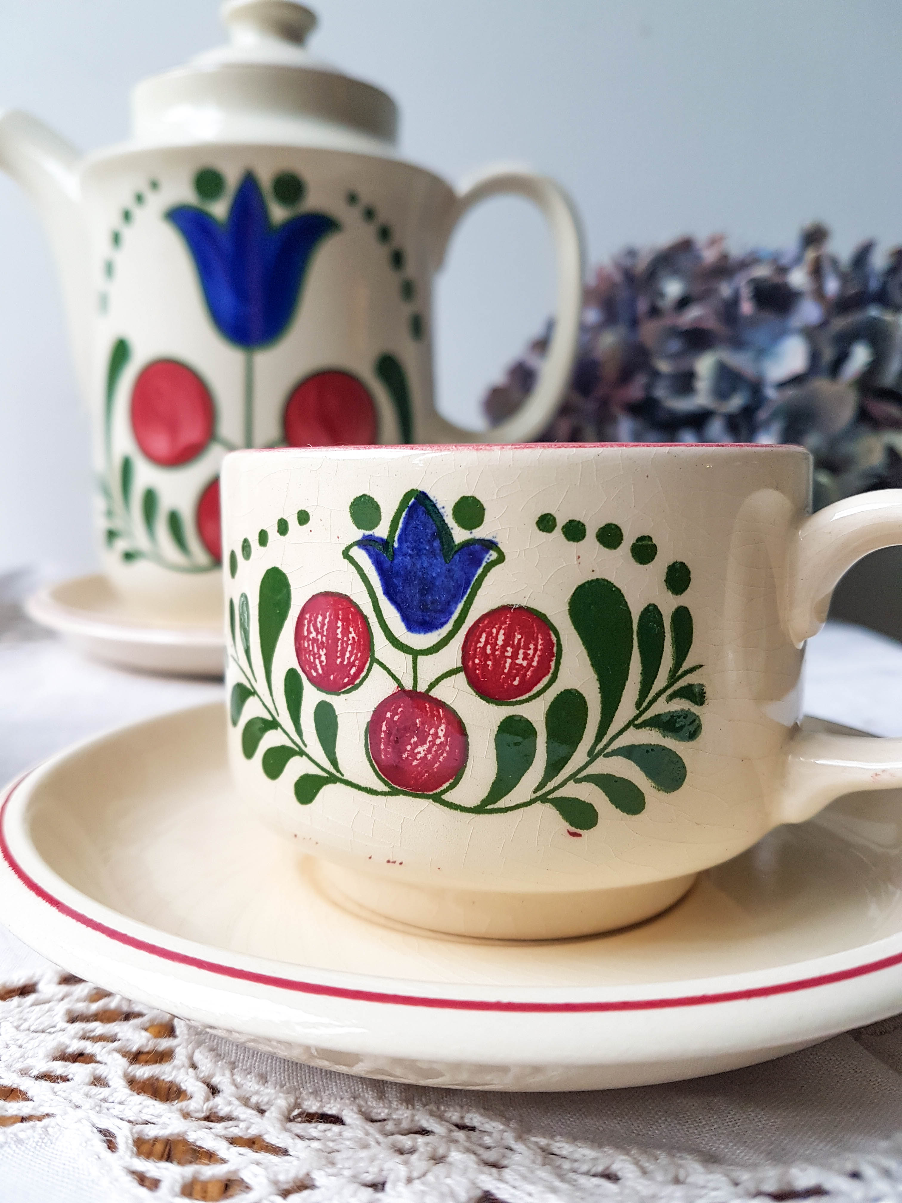 Vintage handmade earthenware coffee service for 5 people