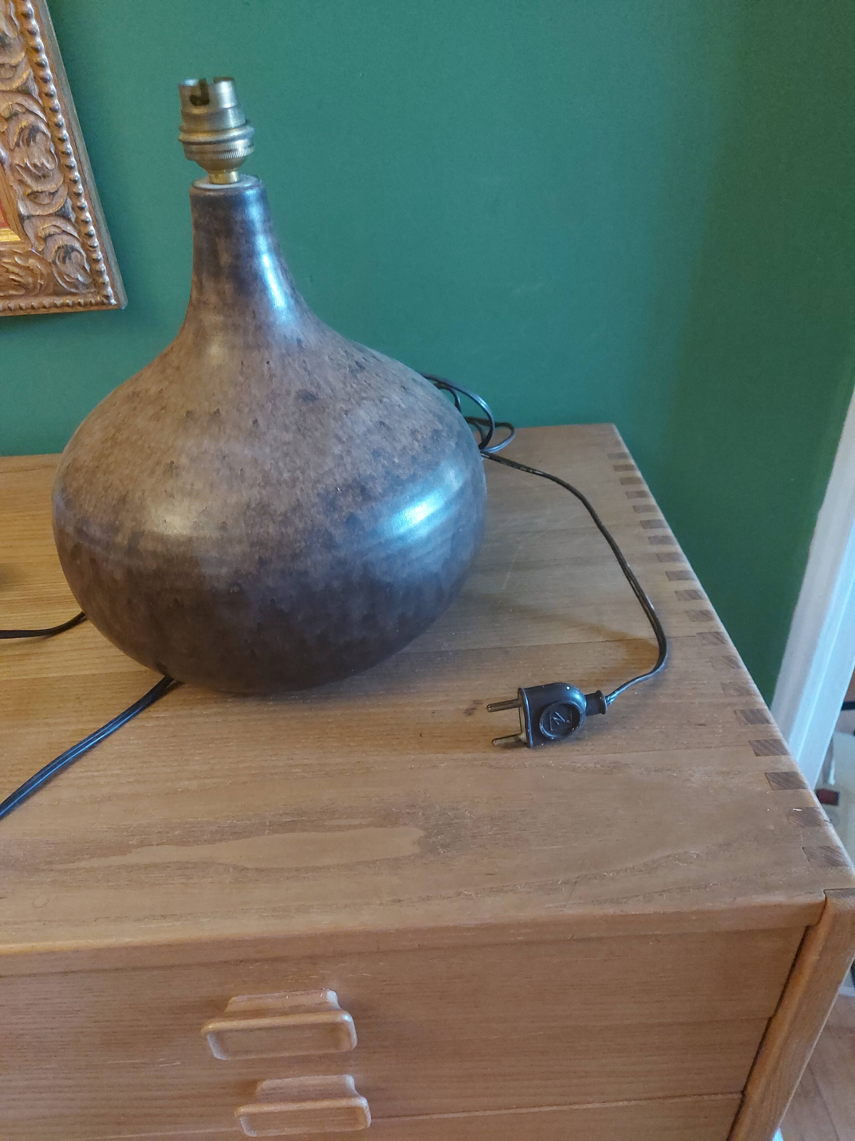 Ceramic (sandstone) lamp from the 50s, 60'S with silk lampshade