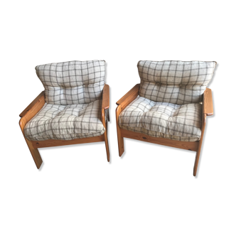 Pair of vintage armchairs in pine and mottled fabric cream Sweden 1980's