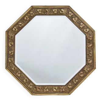 Antique Aesthetic Movement style octagonal wall mirror, brass ivy, 1920`s ca, English