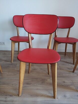 6 red and wood skai chairs