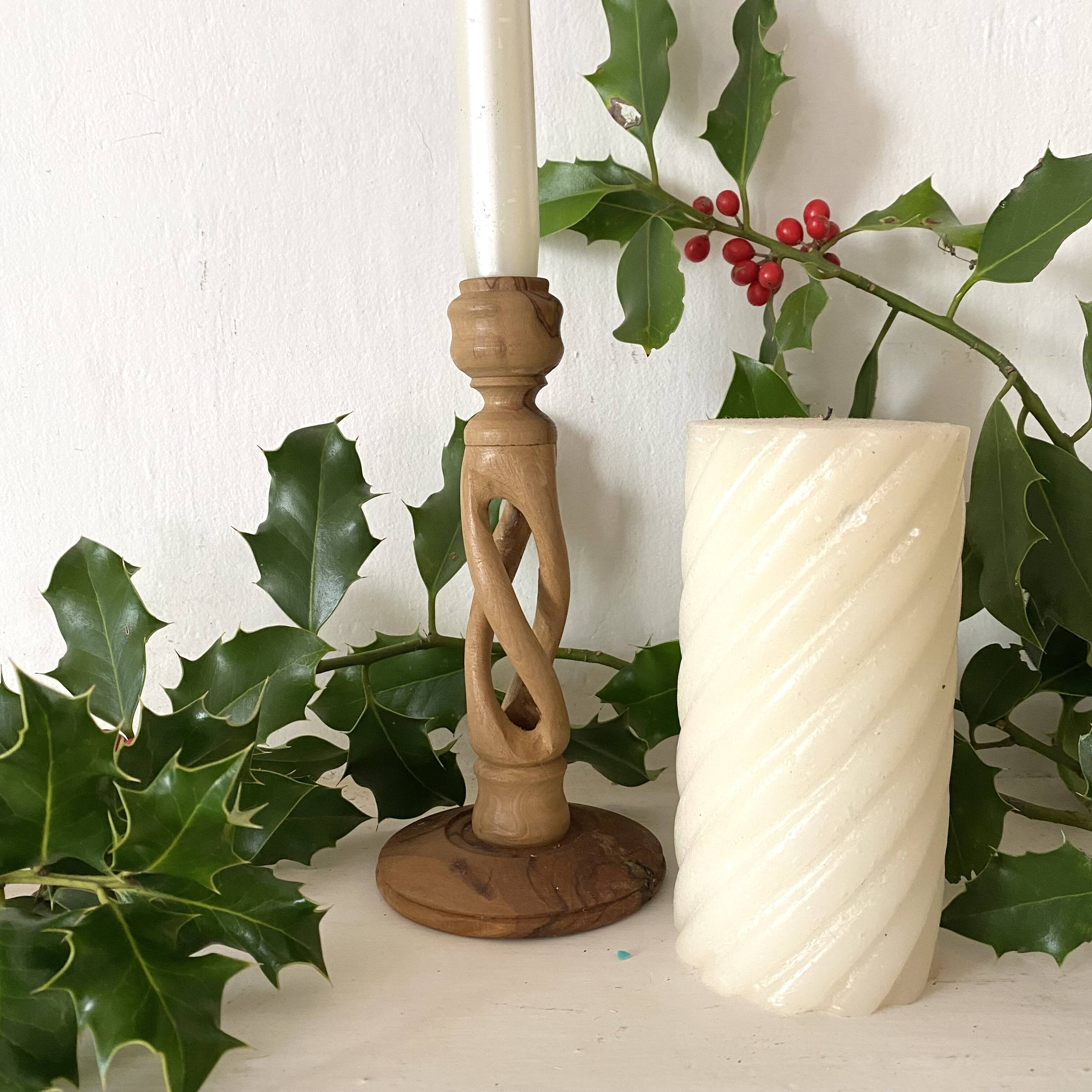 Carved olive wood candle holder