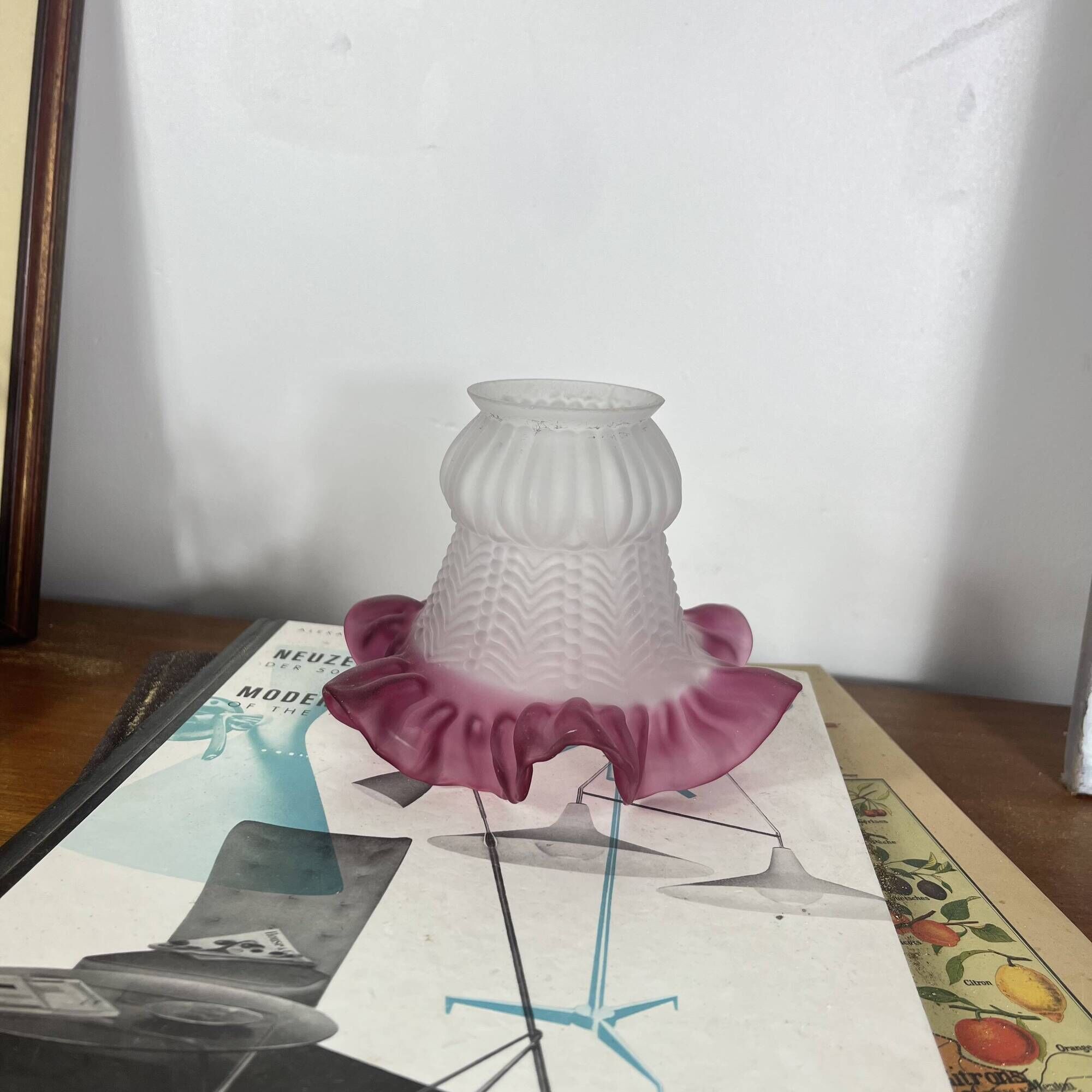 Antique tulip lampshade in transparent glass with a red rim.