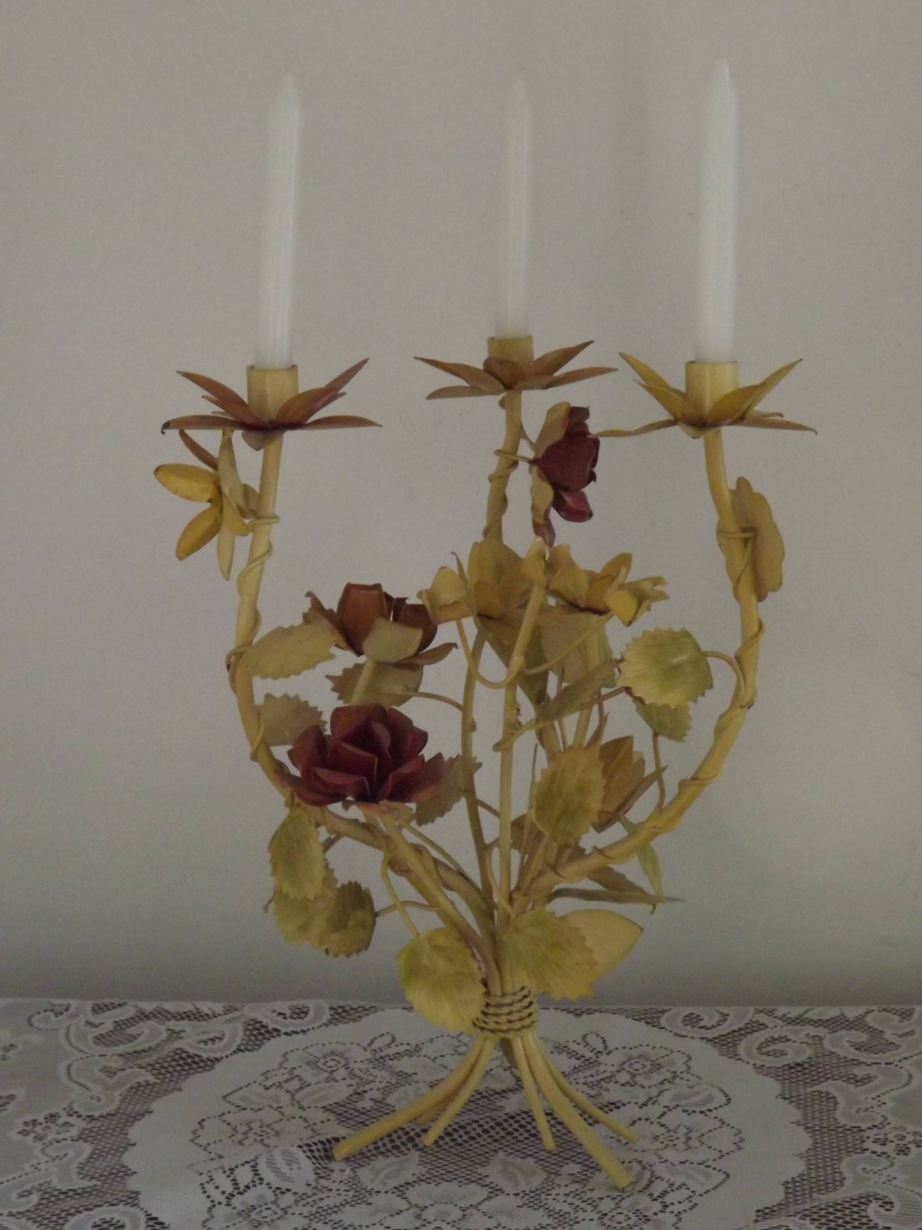 Large Vintage French FloralThree Arm Candelabra – Tied Bouquet Style