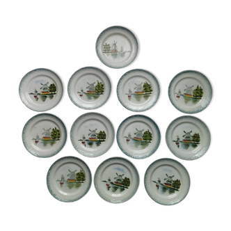 12 antique Saint-Amand barbotine dessert plates