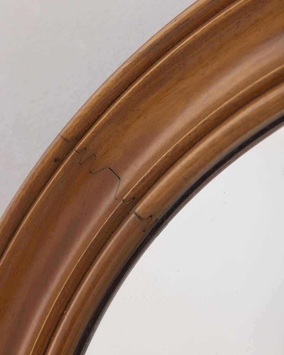 Vintage 1970s round wall mirror in walnut wood, Italian design