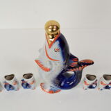 Fish decanter soviet drinking set porcelain fish carafe shots glass,1950's.
