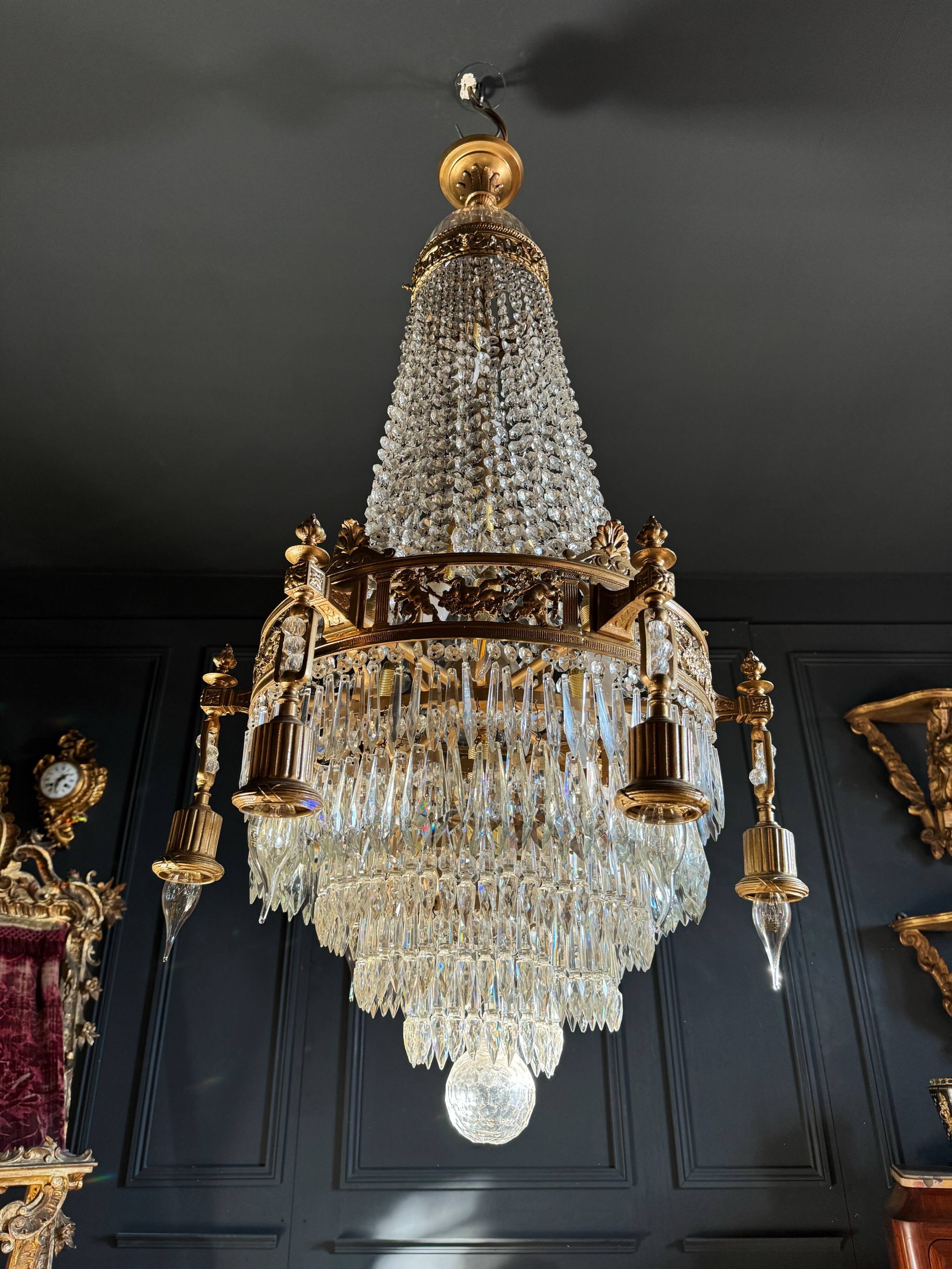 19th Century Louis XVI Style Gilt Bronze Chandelier With Crystal Tassels - H125cm