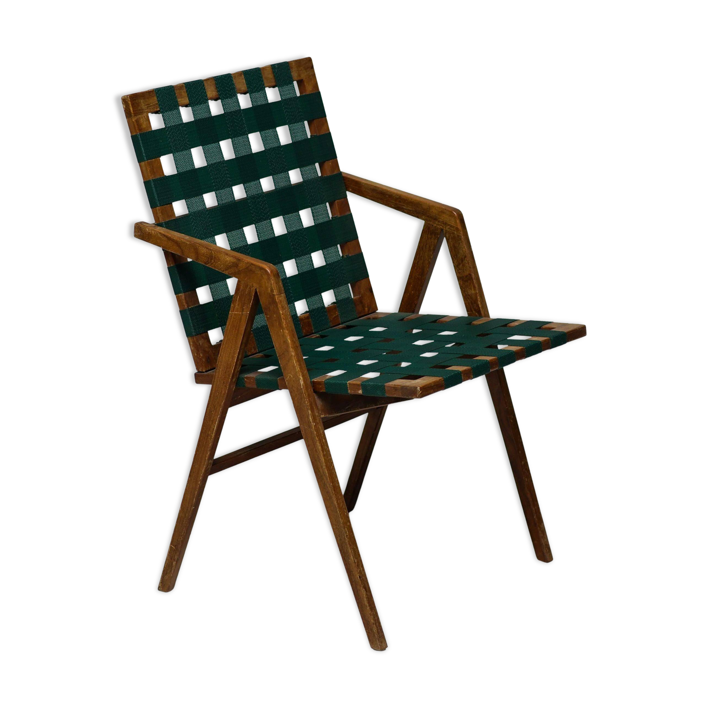 Mid-century Italian armchair in walnut with straps, in the style of Franco Albini.