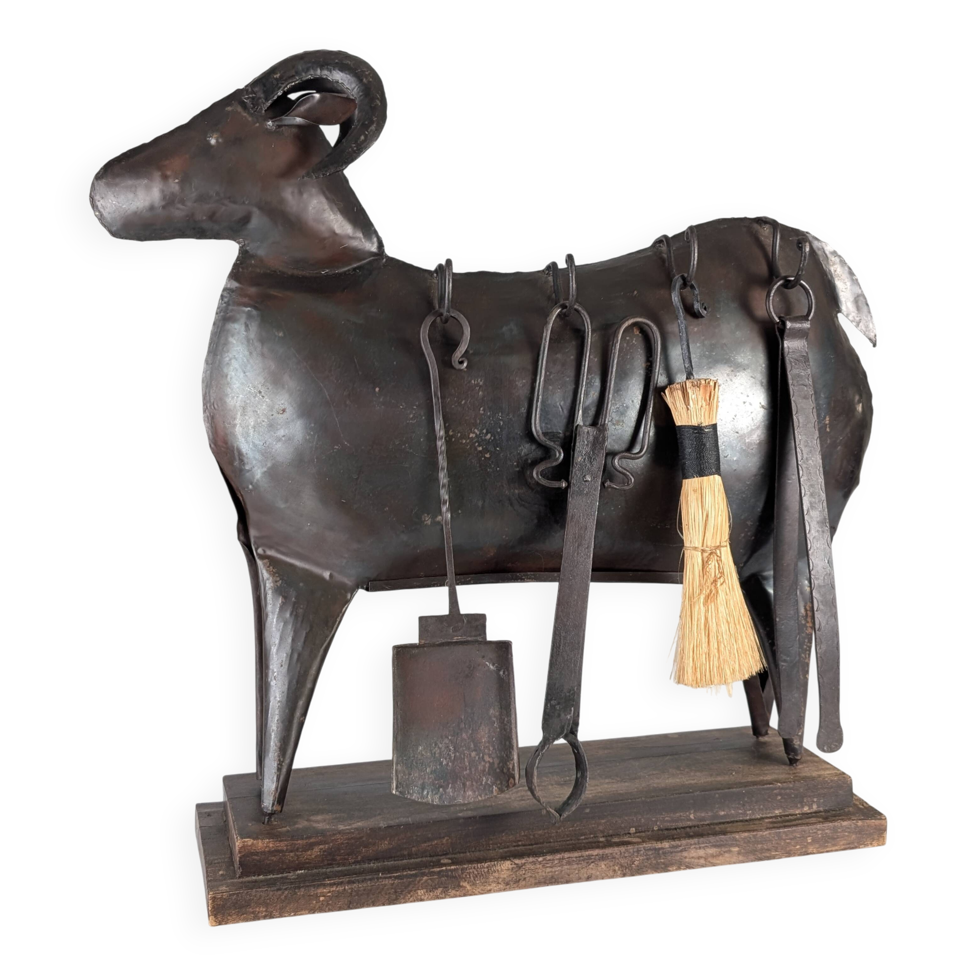 Brutalist Ram Shaped Fireplace Tool Set in Hand Forged Metal