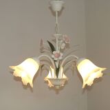 Vintage 3-light chandelier in pink and white metal and glass shaped like flowers, France.