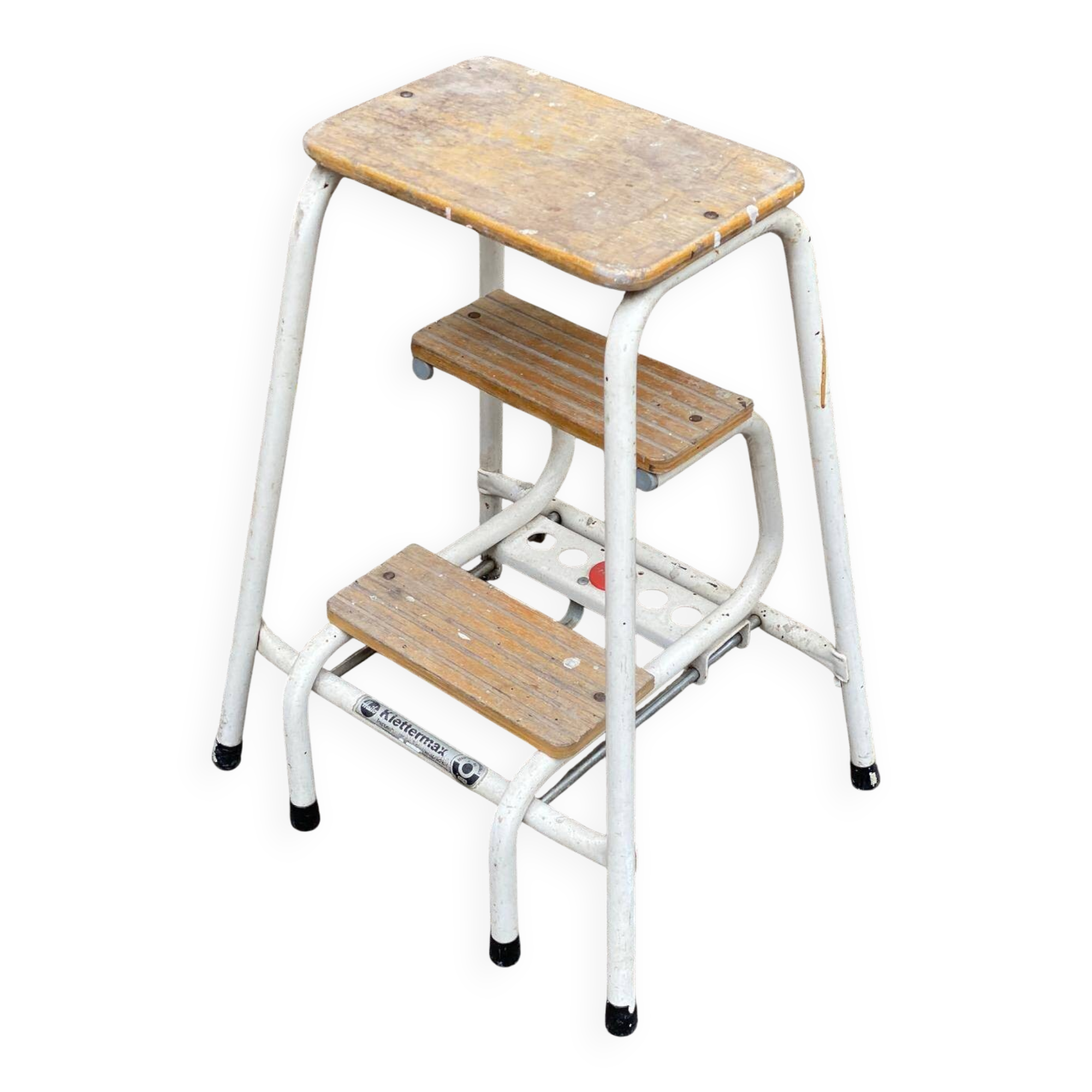 Folding step stool in solid wood and white steel