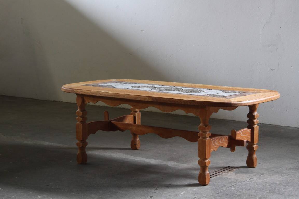 Vintage Danish brutalist oak & tile coffee table in the style of Henning Kjærnulf, 1960s