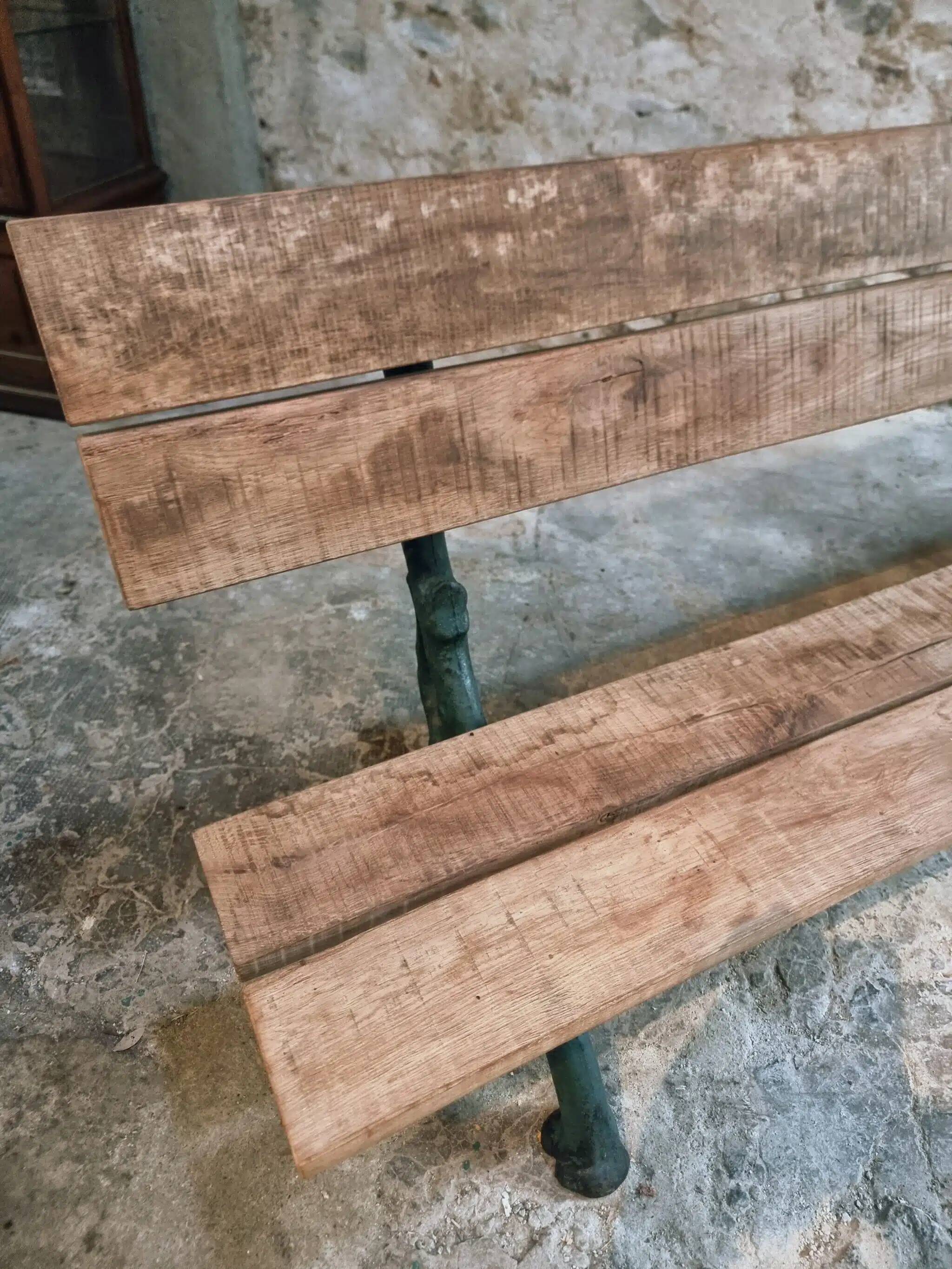 Antique French park bench in cast iron and oak – Sea green patina, 220 cm