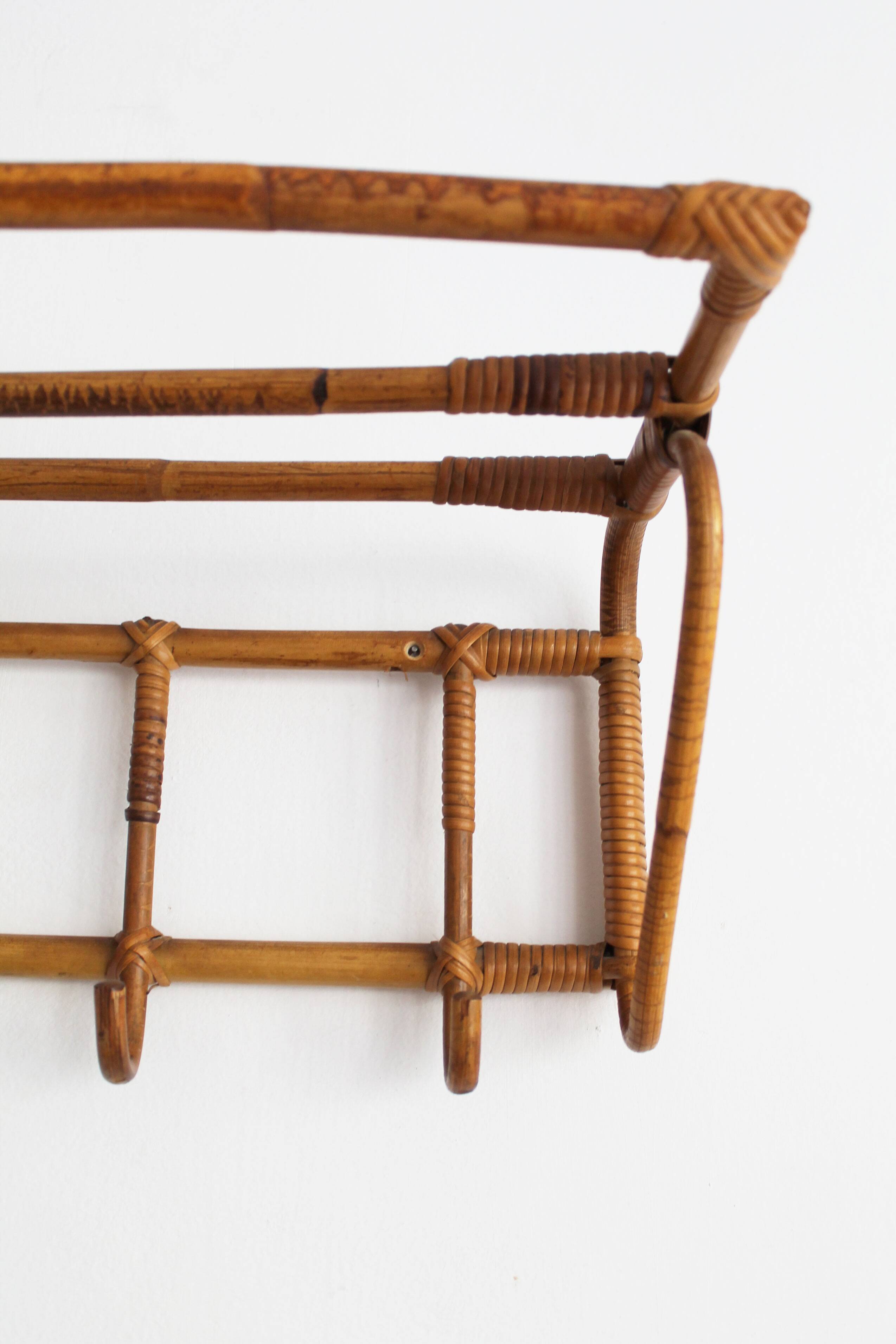 1960s Czechoslovak Rattan Wall Coat & Hat Rack, ÚLUV
