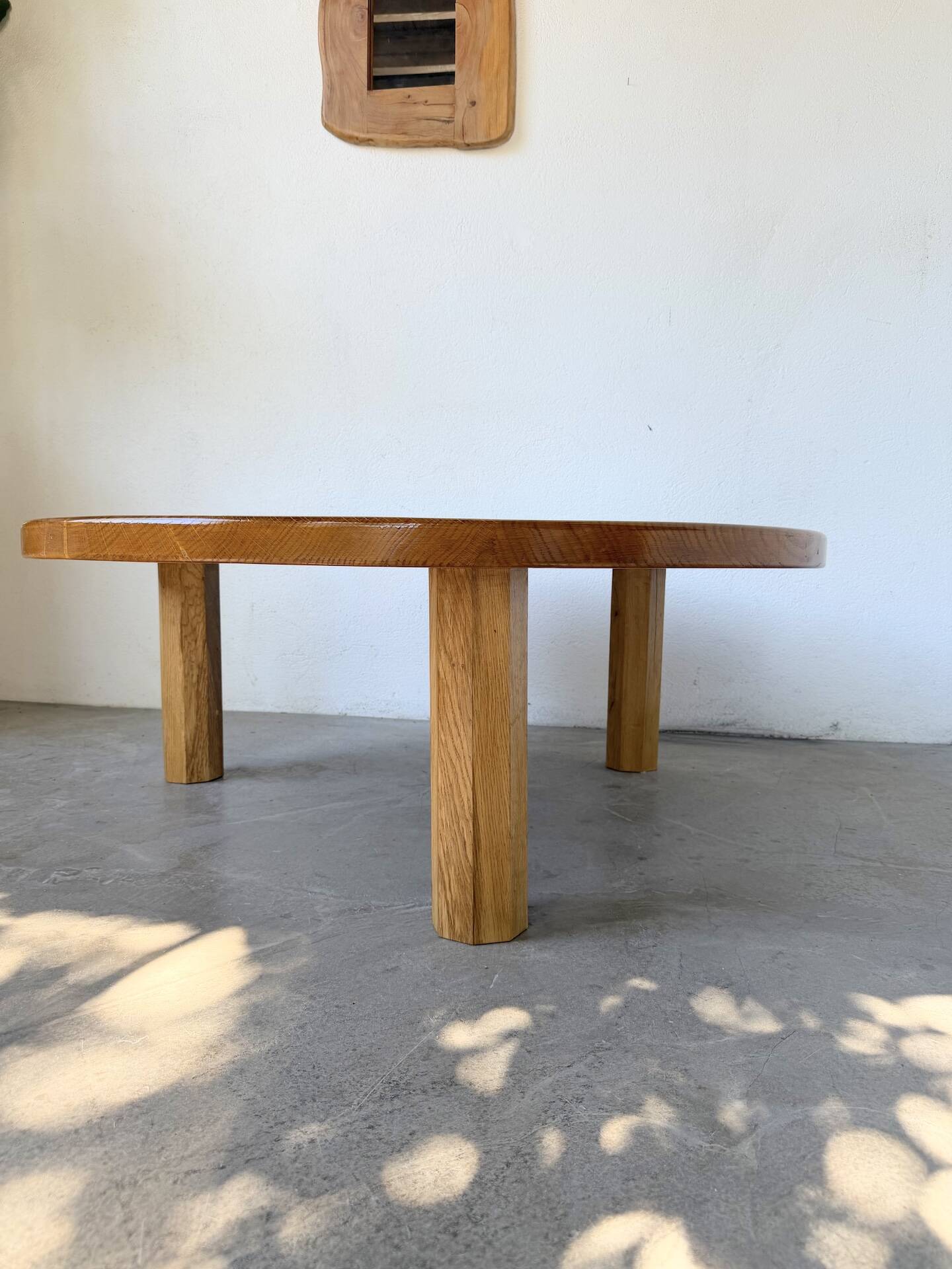 1950s round tripod oak coffee table