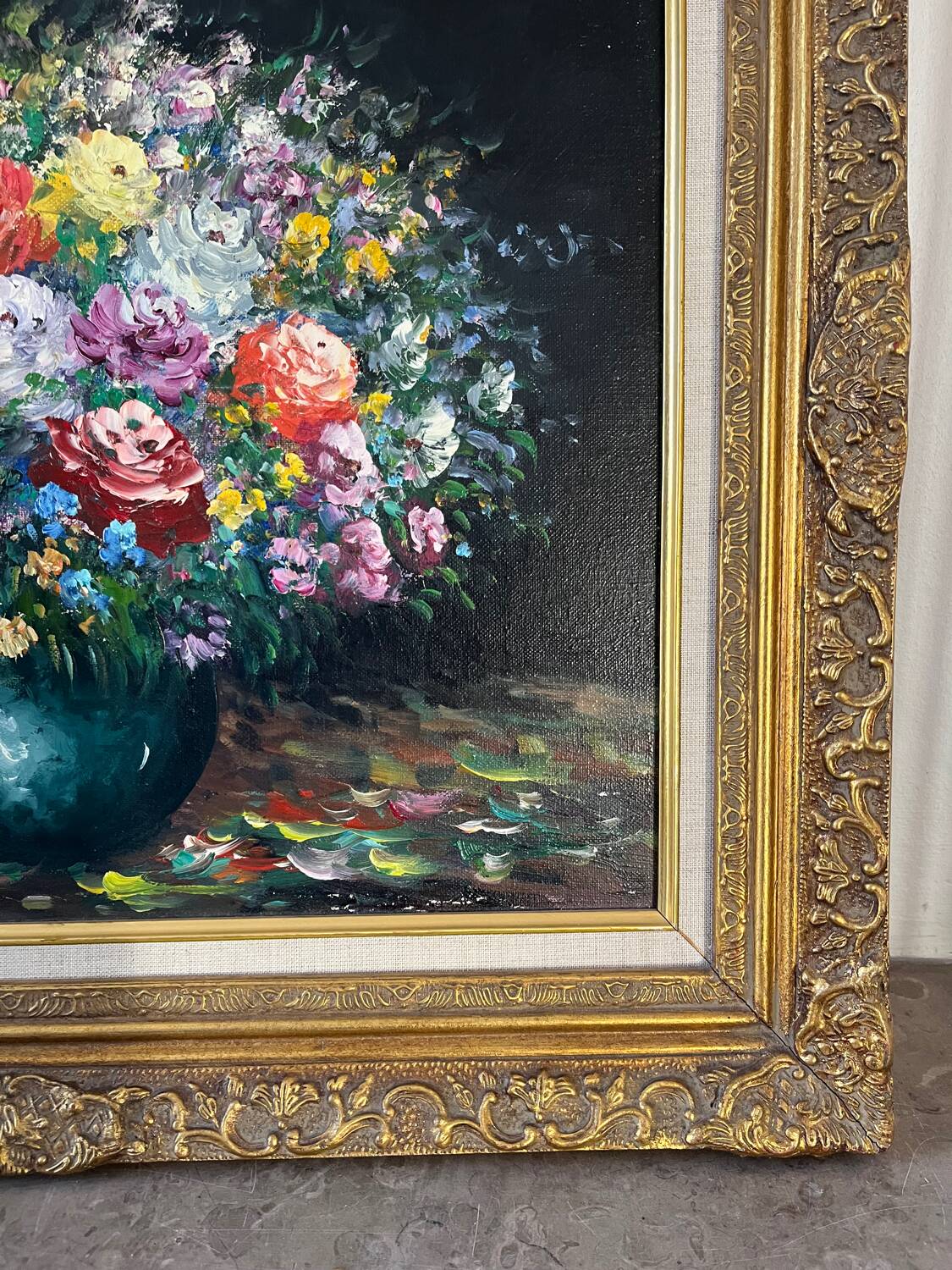 Framed bouquet of flowers, oil on canvas signed R Mogisse.