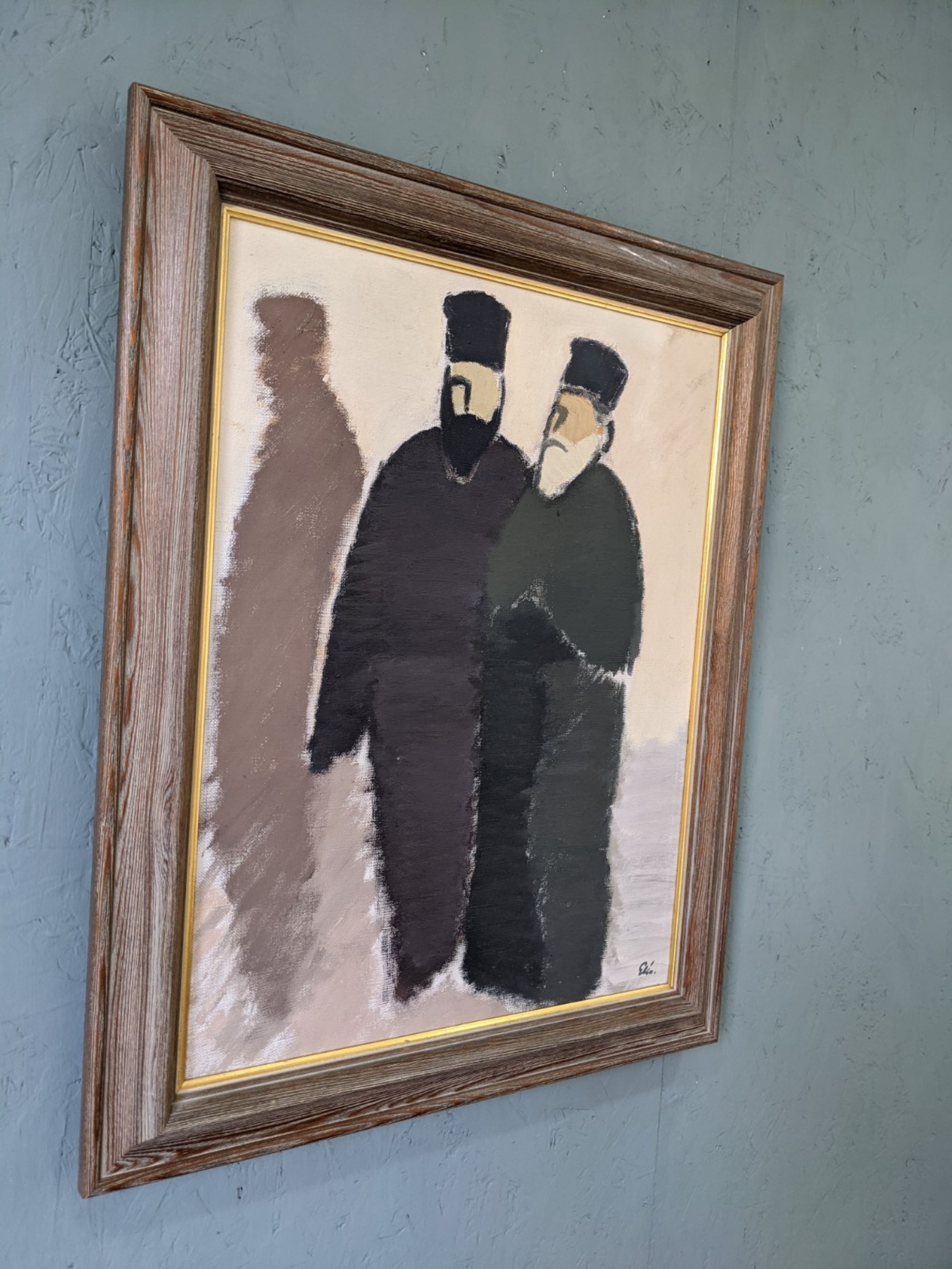 Mid-Century Modern Swedish "The Priests" Vintage Figurative Oil Painting, Framed