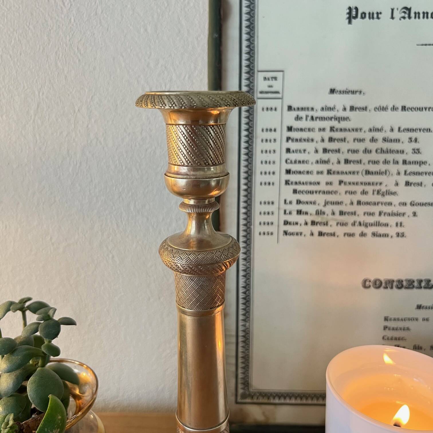Large chiseled brass candle holder h24 cm