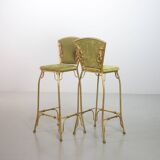 Set of 2 Glamorous Gilded Cobra Bar Stools with Green Velvet Upholstery 70s