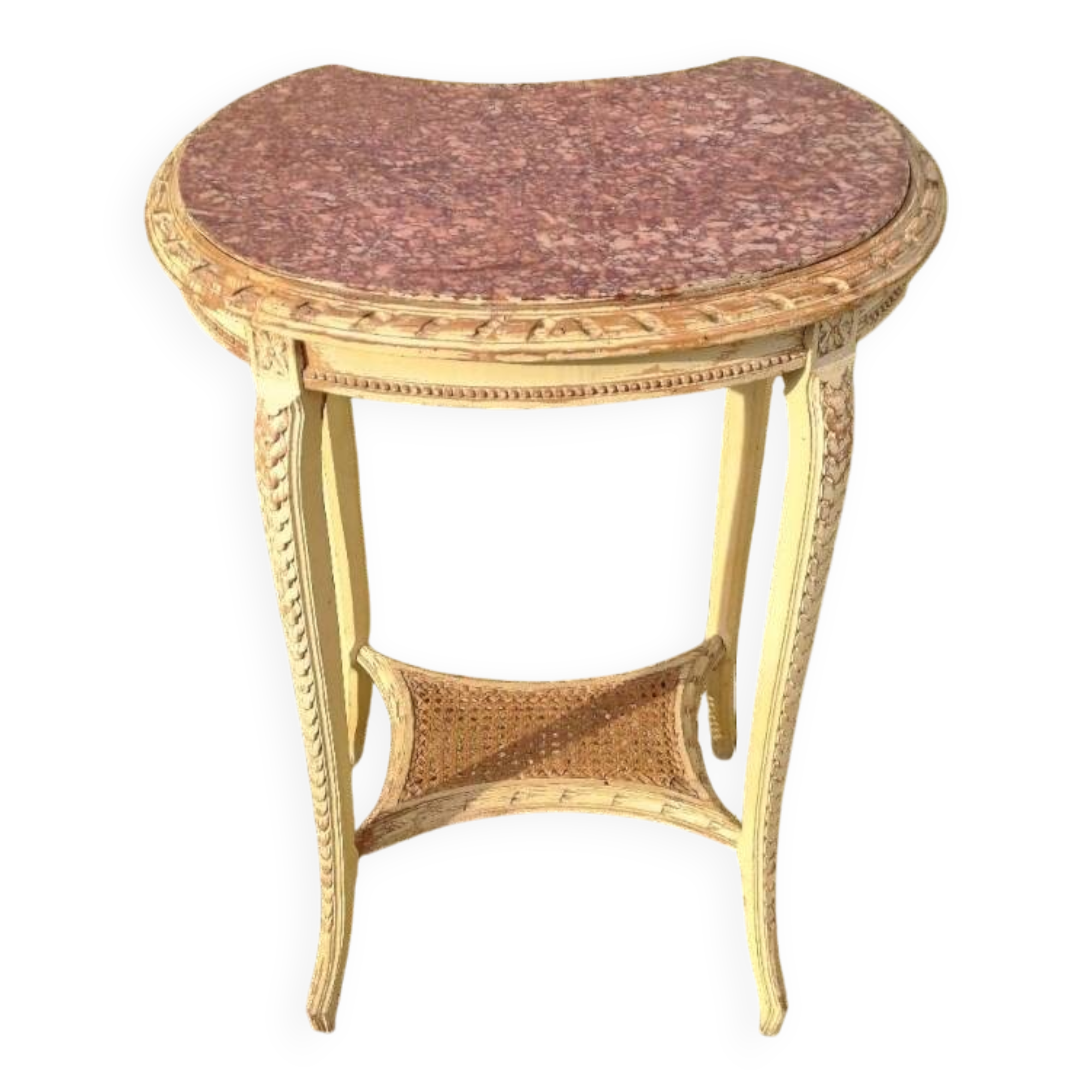 Patinated pedestal table in the transitional style of the 1900s with a marble top. Dimensions
