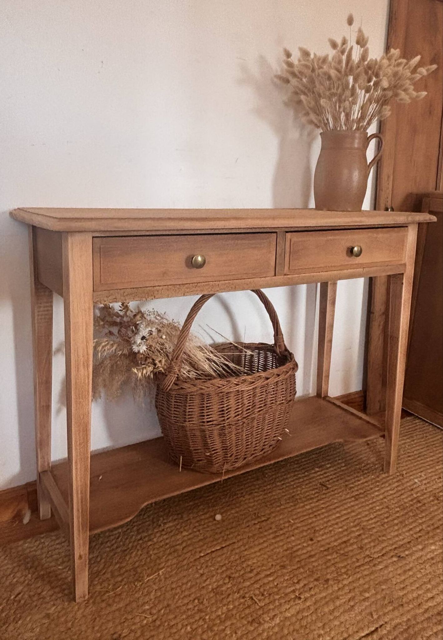 Old solid wood console with 2 drawers.