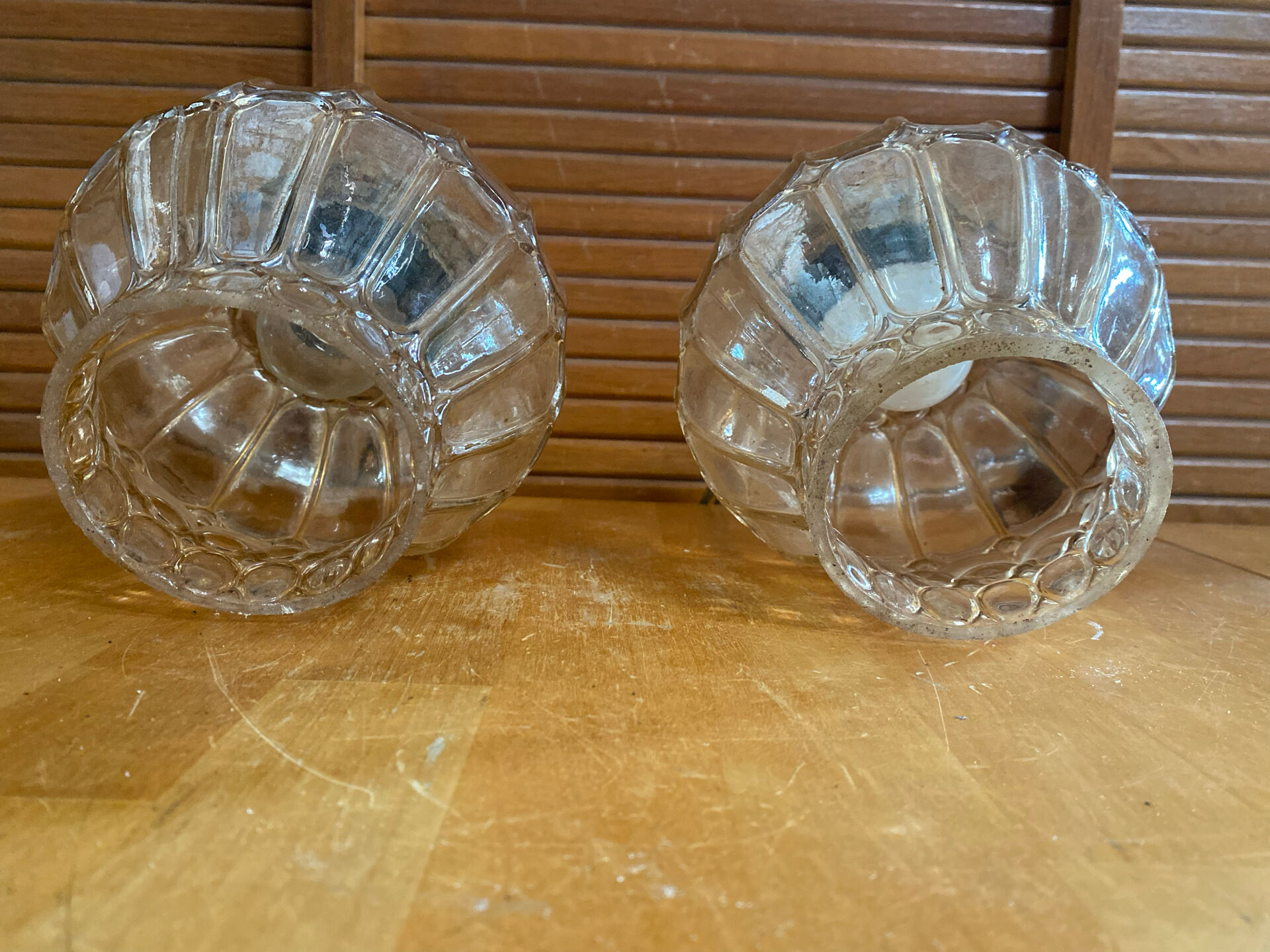 Pair of Vintage Suspension Lights with Iridescent Moulded Glass + Gold Metal