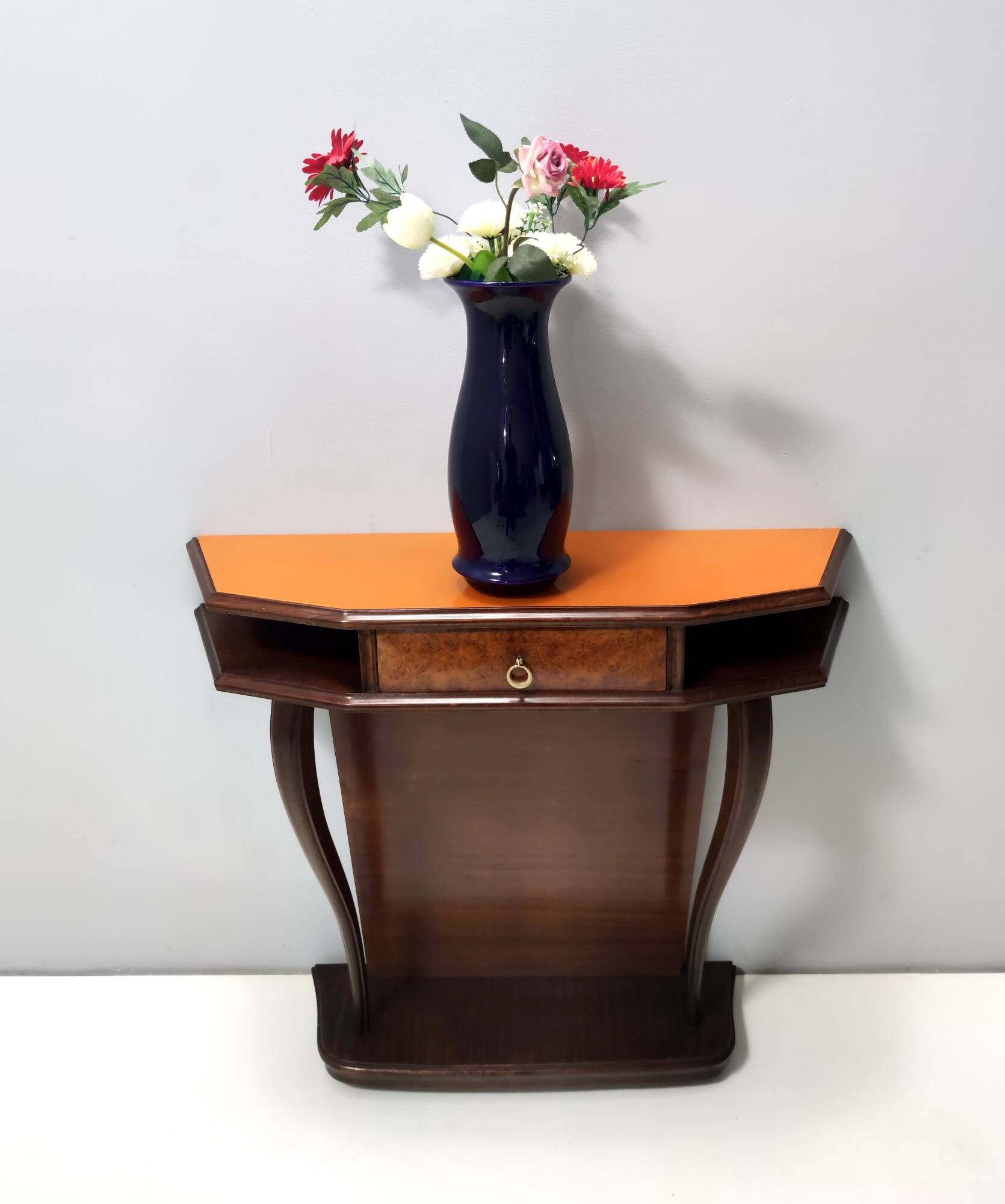 Beech and Walnut Root Console Table with an Orange Glass Top, Italy