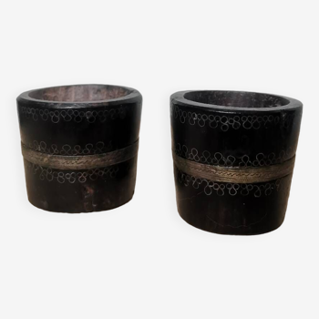 Set of 2 vintage solid ebony egg cups with brass inclusion